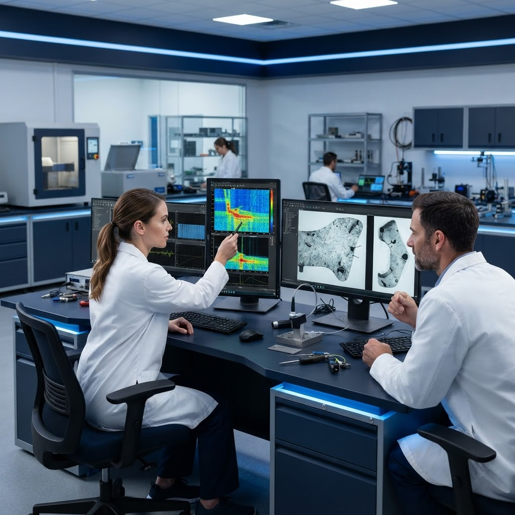 EchoScan technicians analyzing NDT scan data in a modern laboratory
