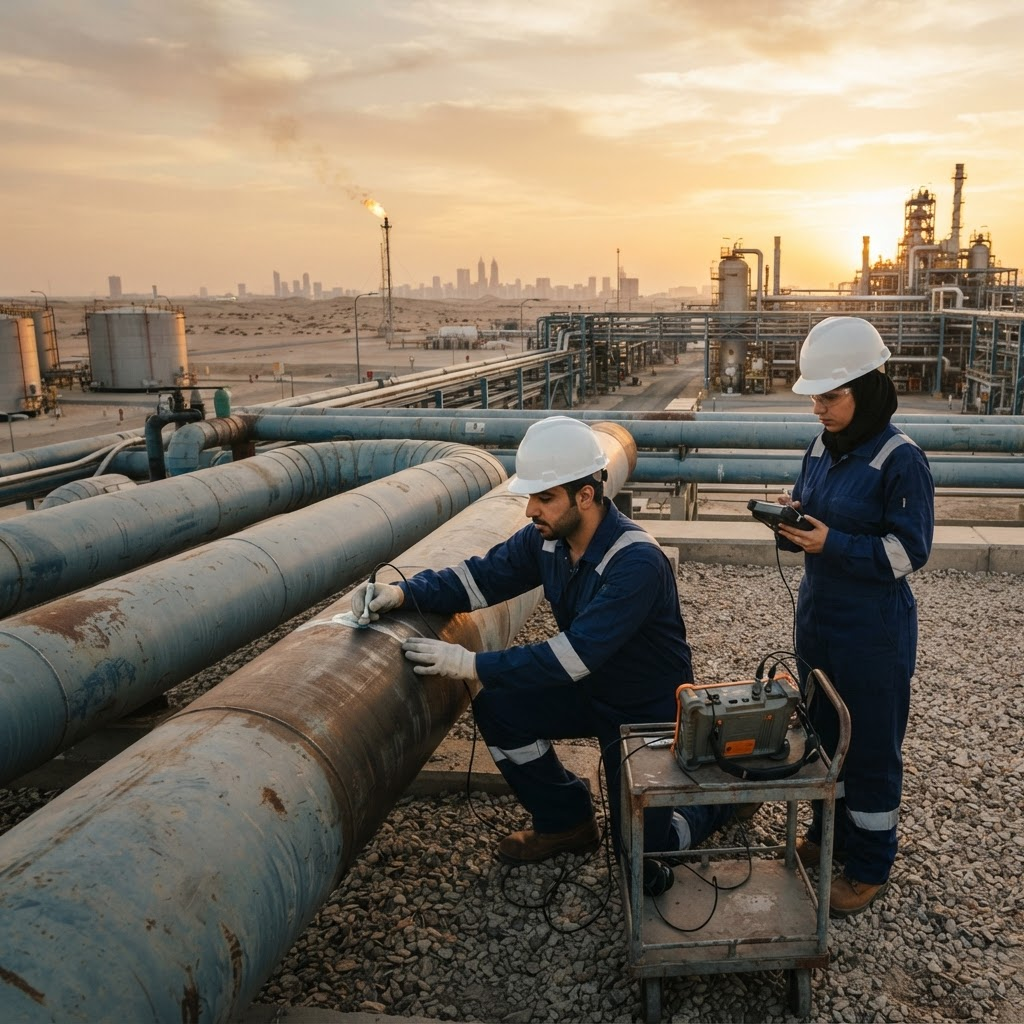 EchoScan engineers performing ultrasonic testing on industrial pipelines at a UAE facility