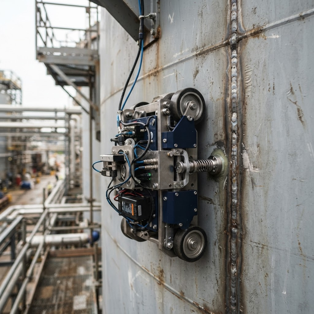 Robotic magnetic crawler inspecting a storage tank wall
