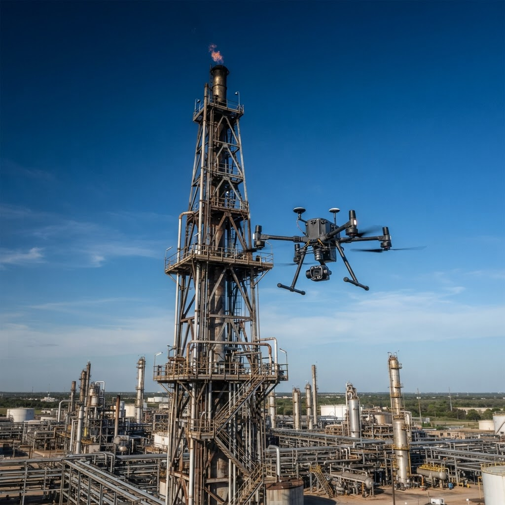 Inspection drone examining a refinery flare stack